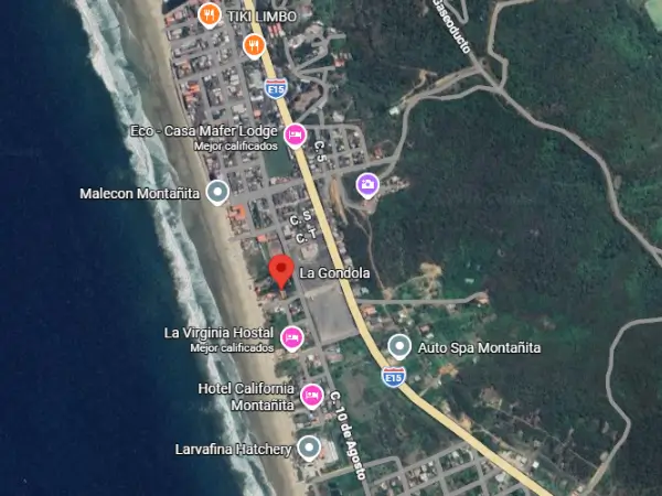 Mapa mostrando la ubicación de La Góndola en Montañita, Ecuador